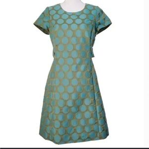 Boden Jacquard Spot Green Polka Dot Scoop Neck Cap Sleeves Dress Size 12 Long